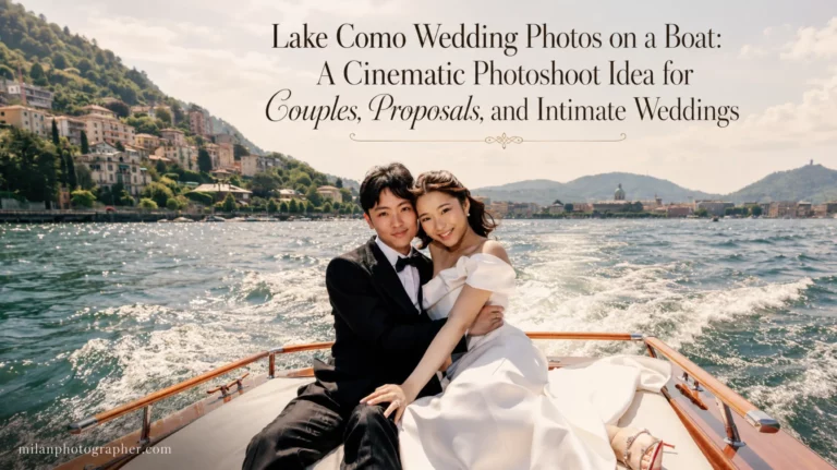 Lake Como wedding photos of a bride and groom on a classic wooden boat, with the Como shoreline rising behind them