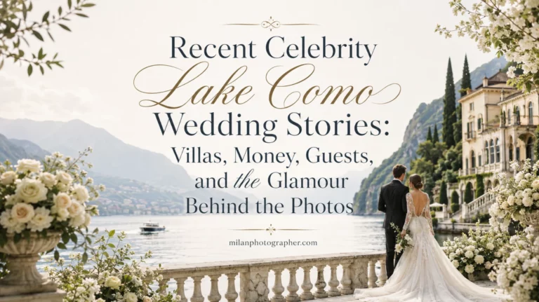 A bride and groom on a balustraded terrace overlooking Lake Como, with a historic lakeside villa, cypress trees and a boat on the water. Article on milanphotographer.com - wedding Lake Como web-site.