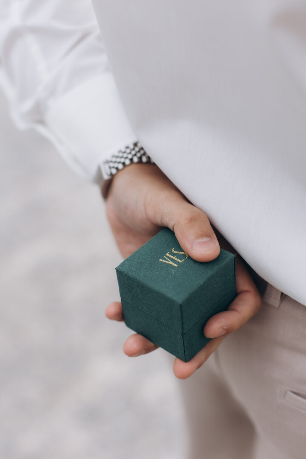 A close-up of his hand holding a green ring box lettered "YES" in gold behind his back, in the gardens of Villa Olmo, on Lake Como.