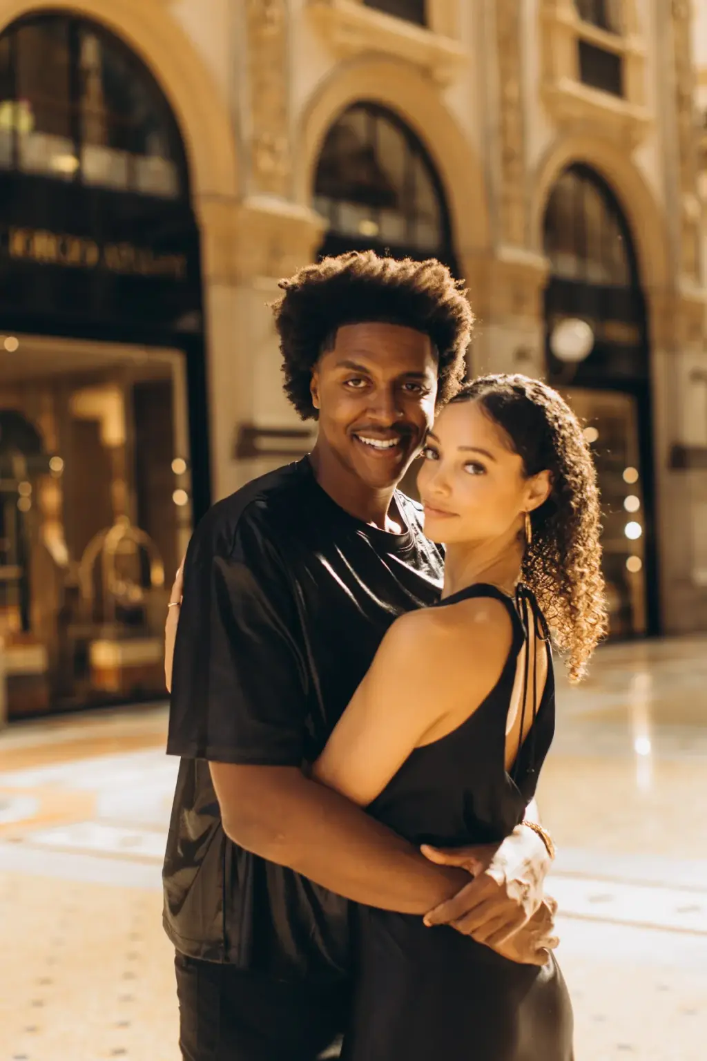 A man in a black shirt hugs his partner in the Galleria, both smiling toward the camera in front of a lit shop window.